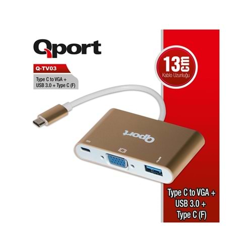 QPORT Q-TV03 0.15metre TypeC-Vga Dişi,USB Çevirici Adaptör Gold 1080p