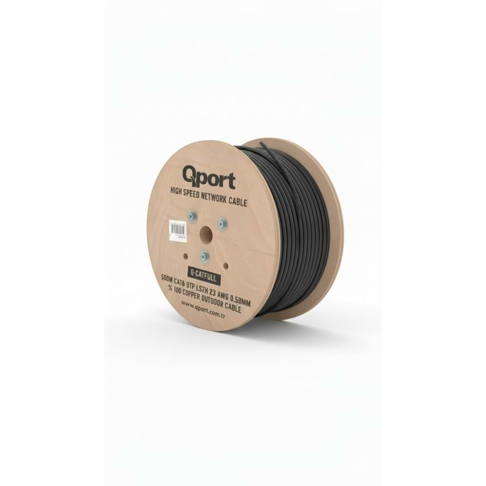 QPORT 500metre CAT6 Utp 23AWG Siyah Outdoor Makaralı LSZH Kablo Q-CATFULL